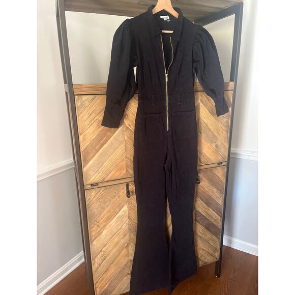 We Wore What 70's Corduroy Jumpsuit Puff Sleeves Gold Zipper in Black Small - Picture 3 of 10
